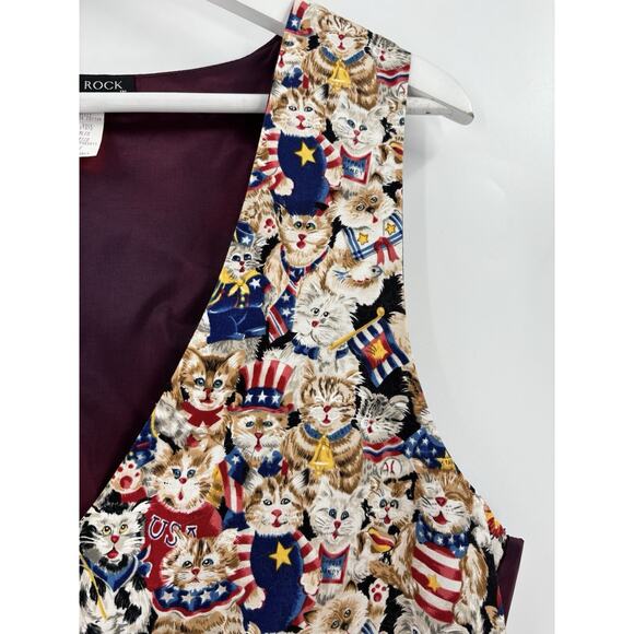 Castle Rock Vintage Vest Womens Large Cats USA American Flag Satin Button Retro - Picture 4 of 15